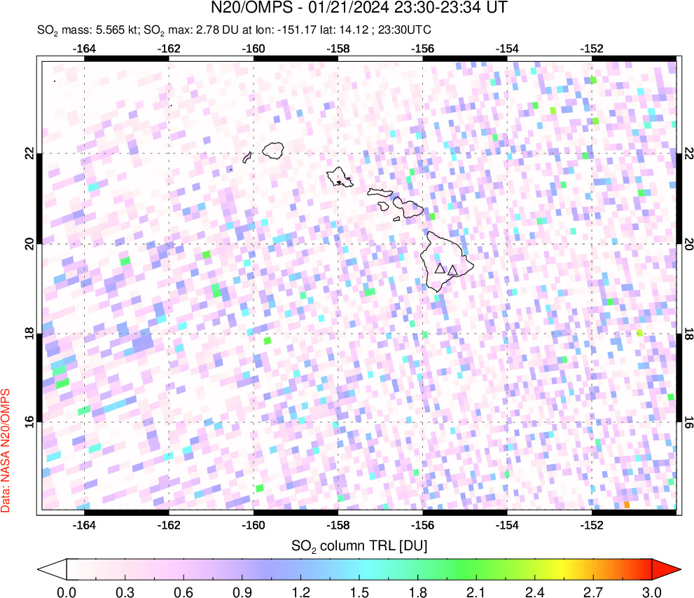 A sulfur dioxide image over Hawaii, USA on Jan 21, 2024.