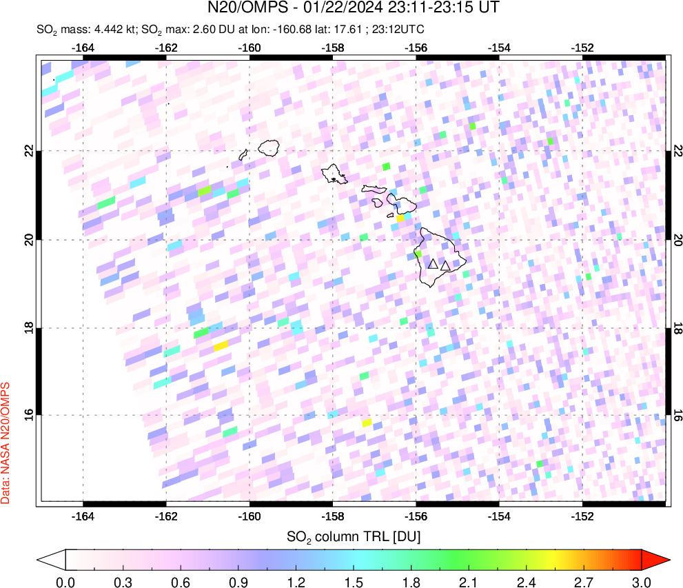 A sulfur dioxide image over Hawaii, USA on Jan 22, 2024.