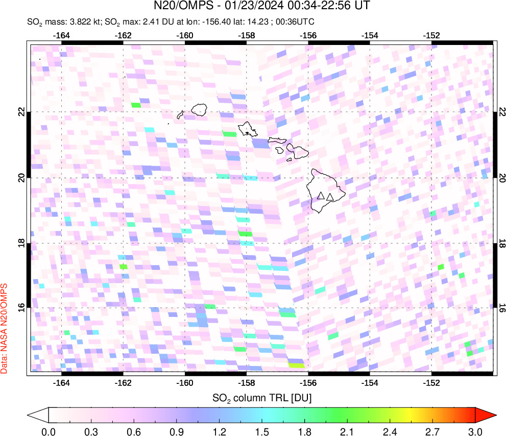 A sulfur dioxide image over Hawaii, USA on Jan 23, 2024.