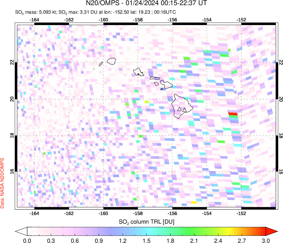 A sulfur dioxide image over Hawaii, USA on Jan 24, 2024.