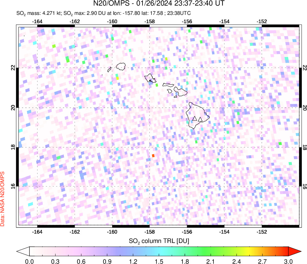 A sulfur dioxide image over Hawaii, USA on Jan 26, 2024.