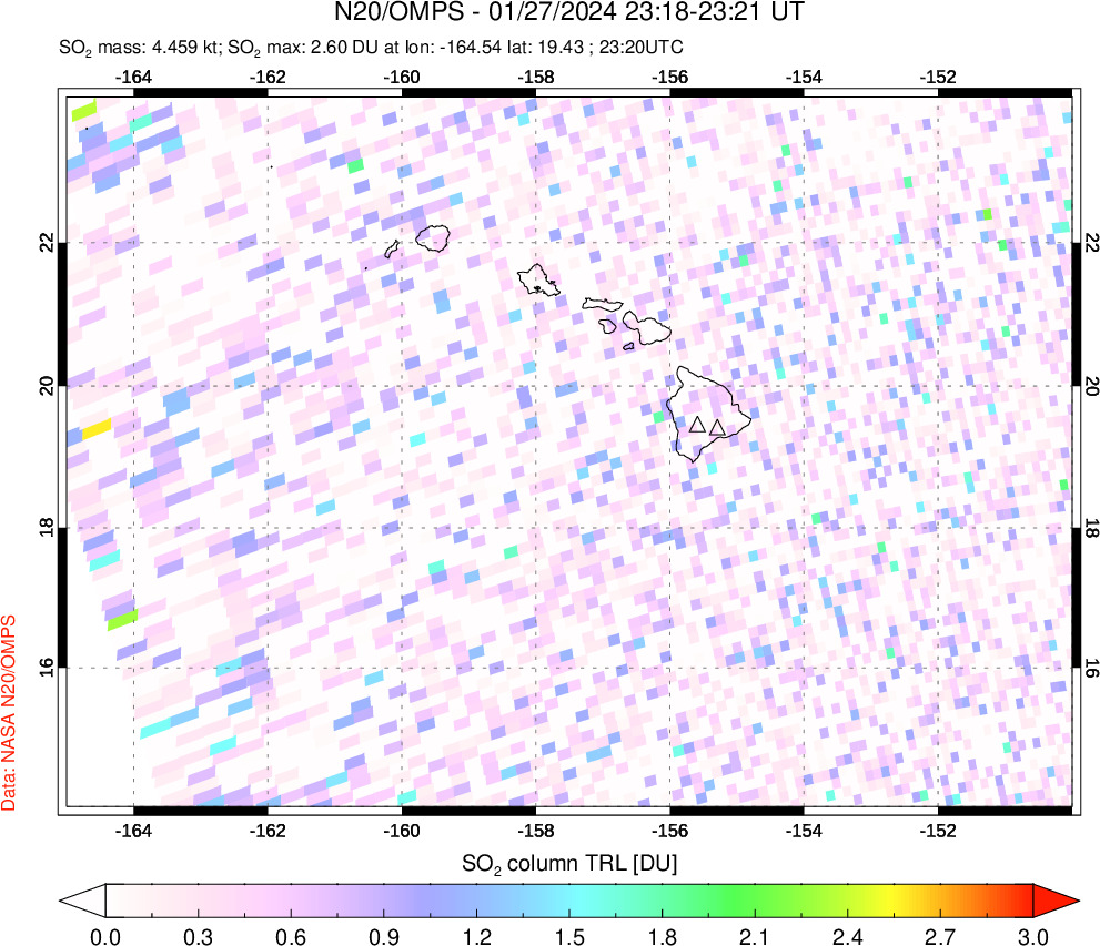 A sulfur dioxide image over Hawaii, USA on Jan 27, 2024.