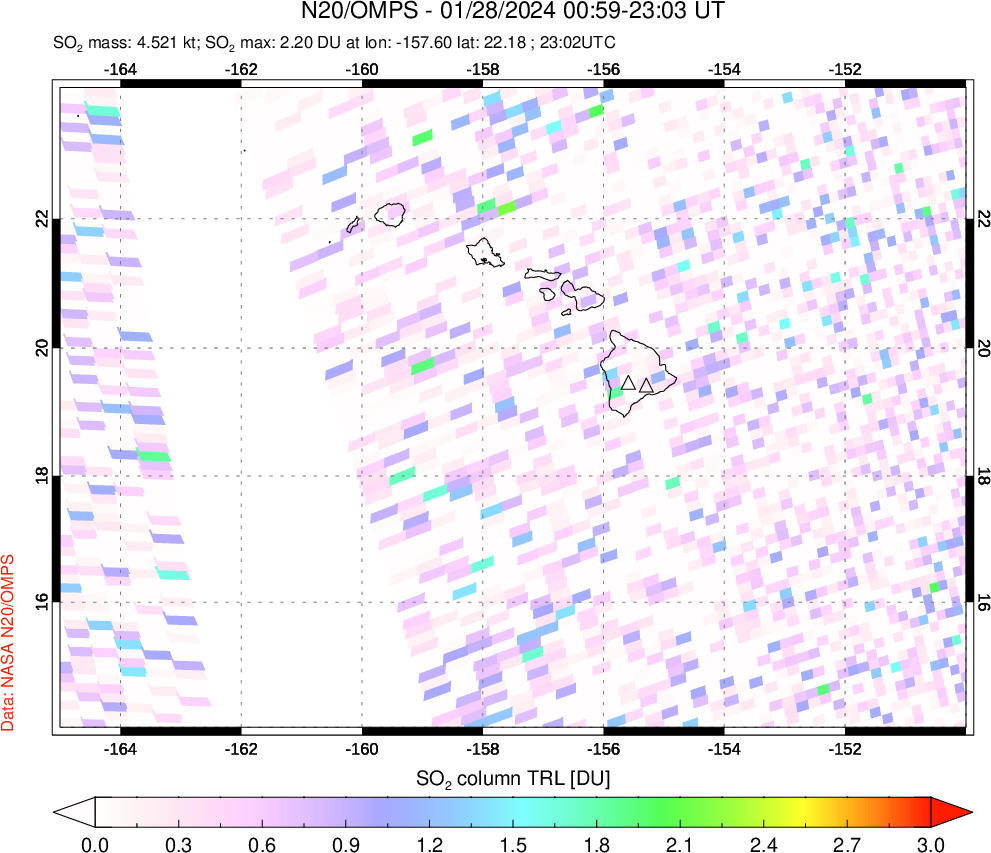 A sulfur dioxide image over Hawaii, USA on Jan 28, 2024.