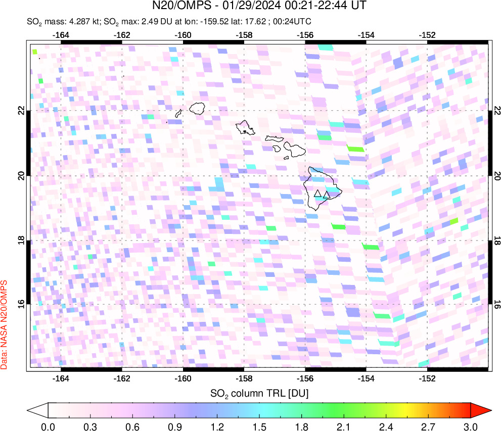 A sulfur dioxide image over Hawaii, USA on Jan 29, 2024.