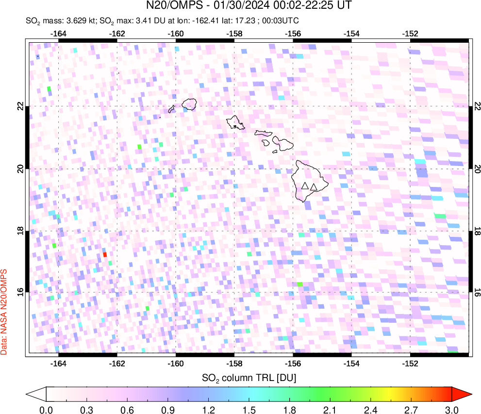 A sulfur dioxide image over Hawaii, USA on Jan 30, 2024.