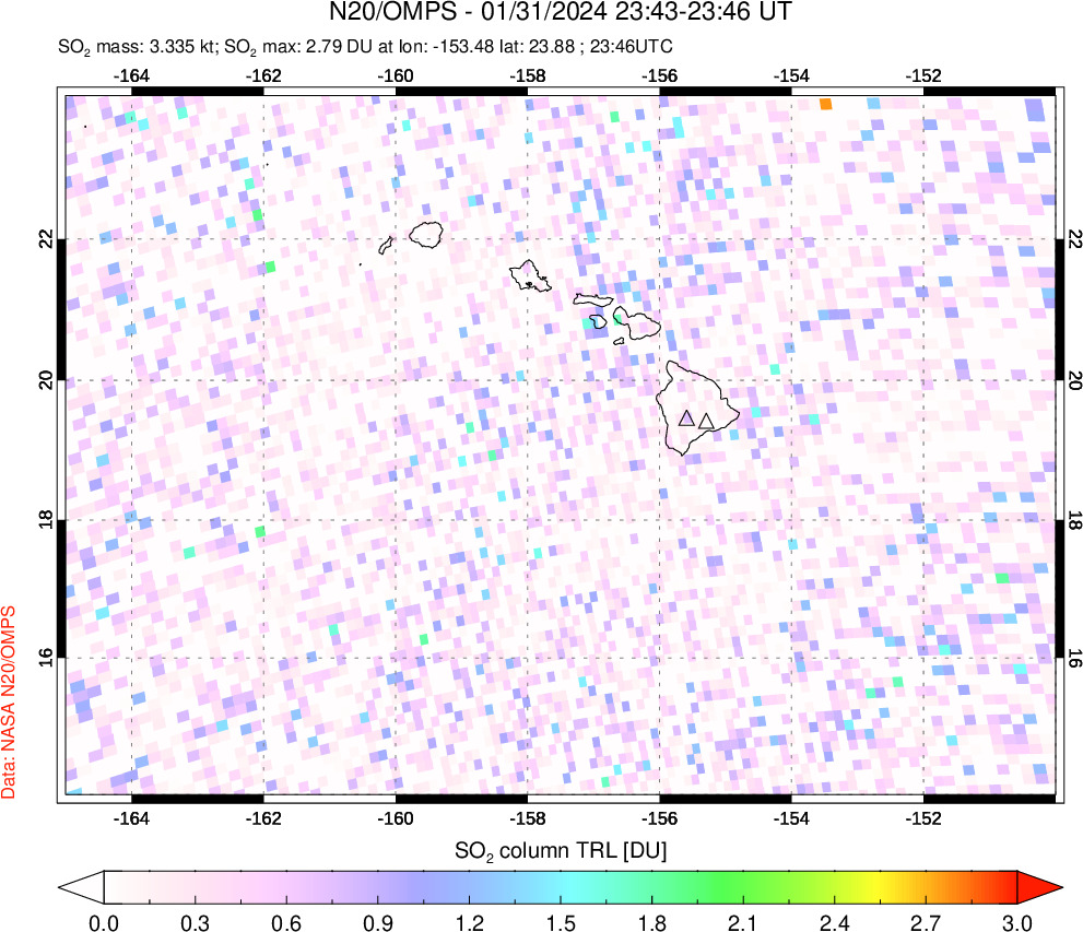 A sulfur dioxide image over Hawaii, USA on Jan 31, 2024.