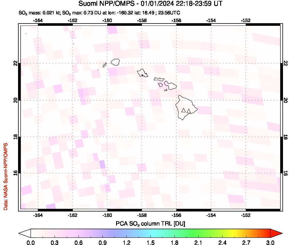 A sulfur dioxide image over Hawaii, USA on Jan 01, 2024.