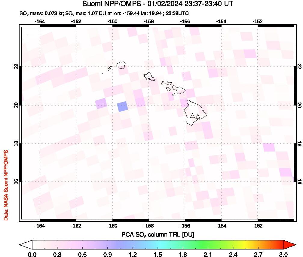 A sulfur dioxide image over Hawaii, USA on Jan 02, 2024.