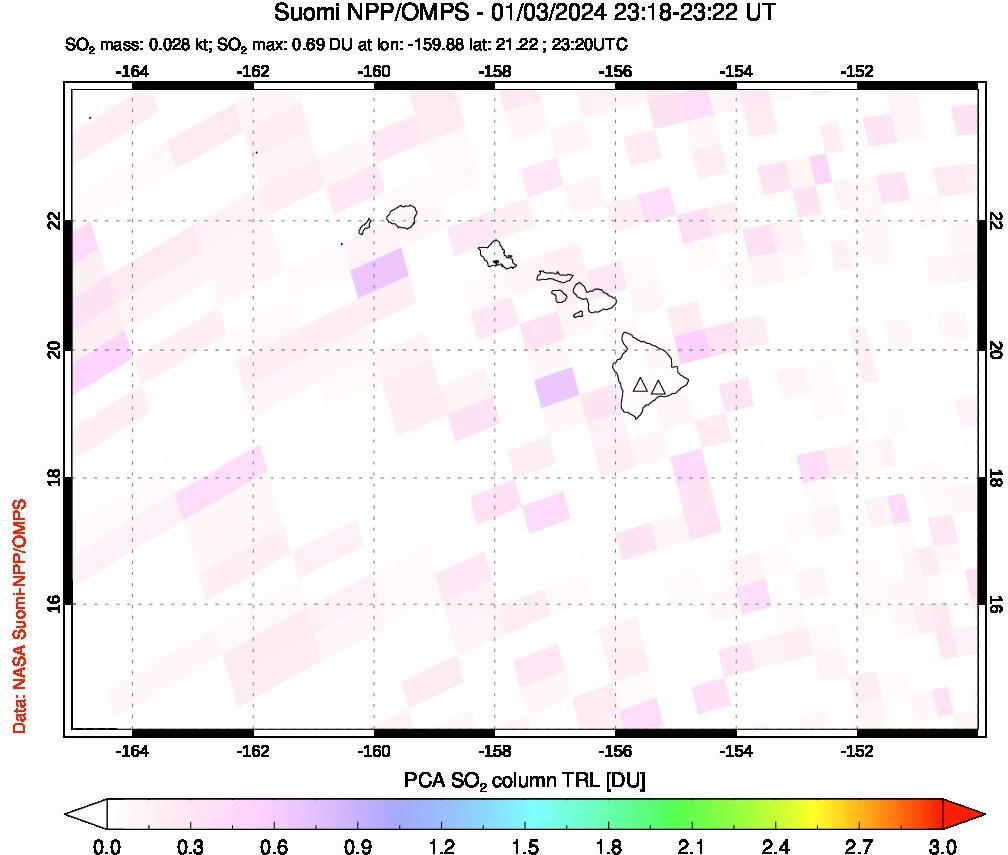 A sulfur dioxide image over Hawaii, USA on Jan 03, 2024.