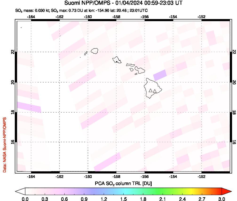 A sulfur dioxide image over Hawaii, USA on Jan 04, 2024.