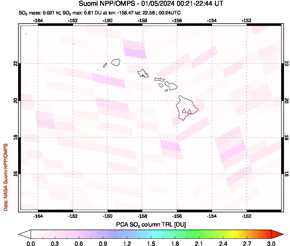 A sulfur dioxide image over Hawaii, USA on Jan 05, 2024.