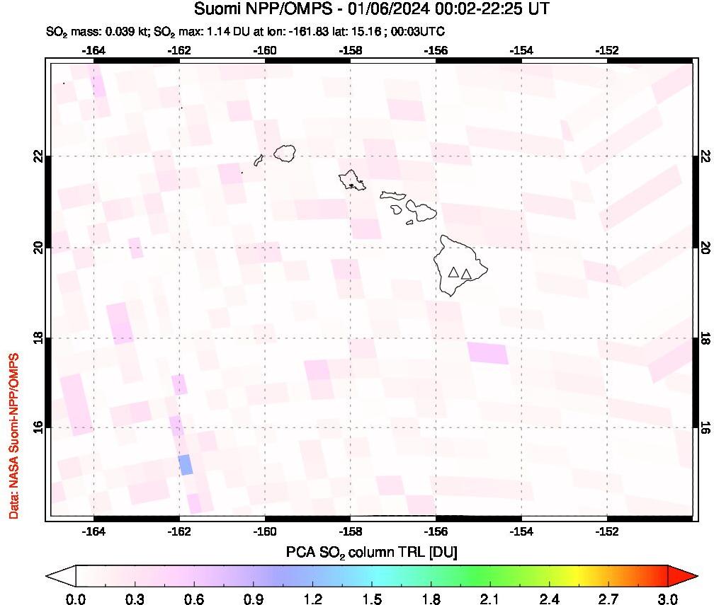 A sulfur dioxide image over Hawaii, USA on Jan 06, 2024.