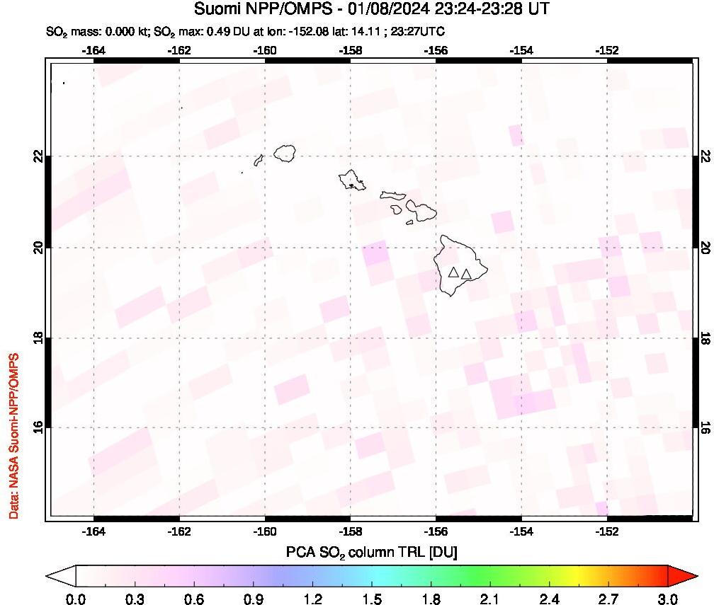 A sulfur dioxide image over Hawaii, USA on Jan 08, 2024.