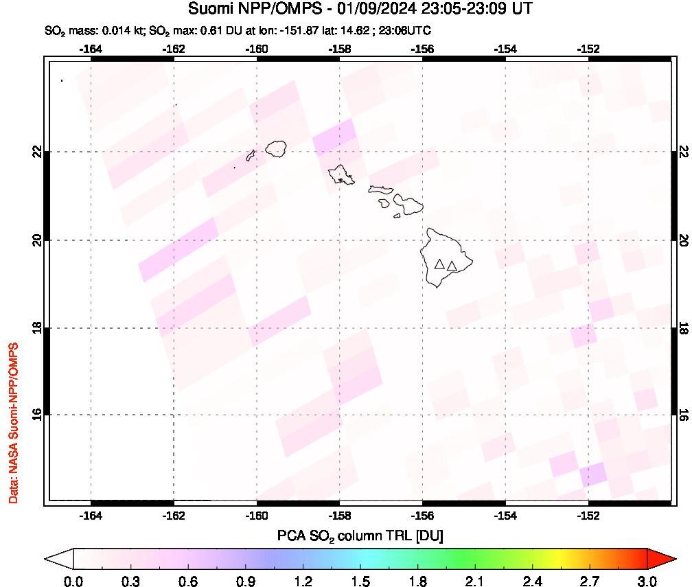 A sulfur dioxide image over Hawaii, USA on Jan 09, 2024.