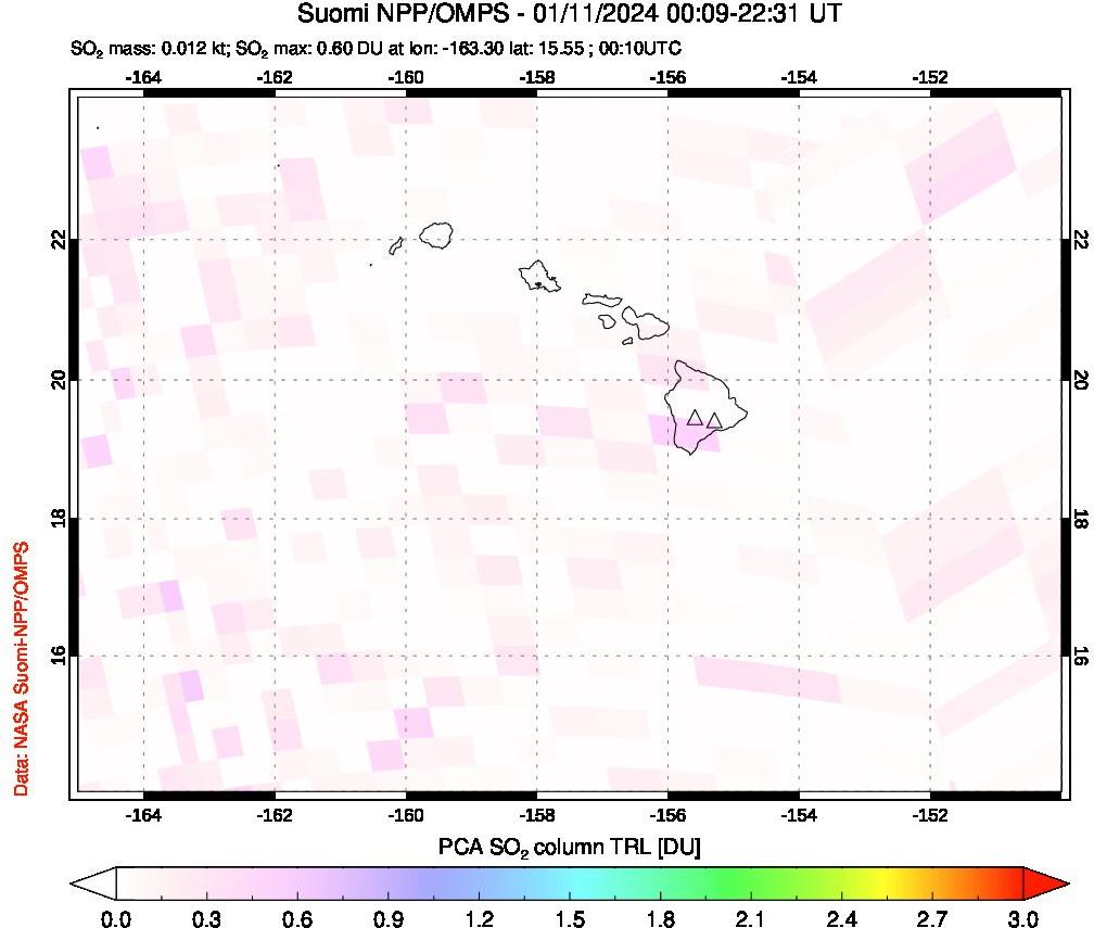 A sulfur dioxide image over Hawaii, USA on Jan 11, 2024.