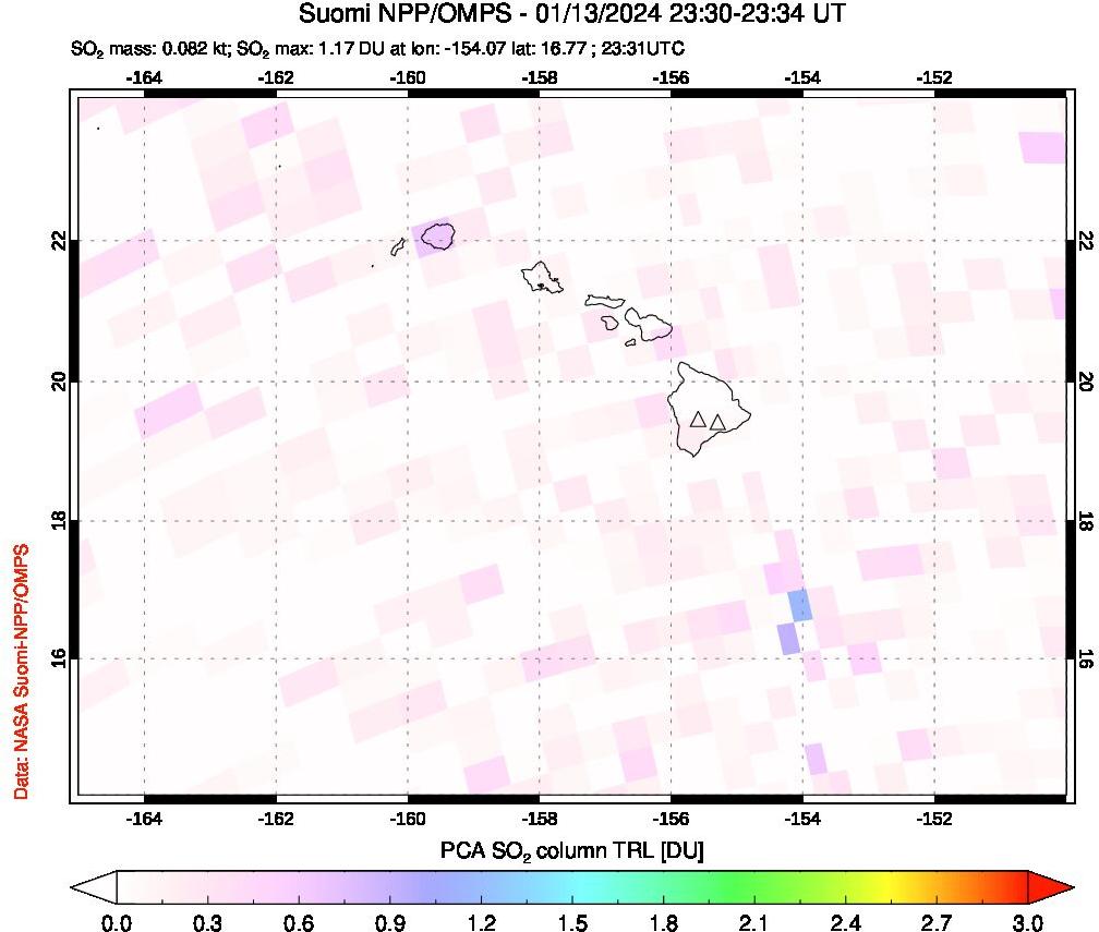 A sulfur dioxide image over Hawaii, USA on Jan 13, 2024.