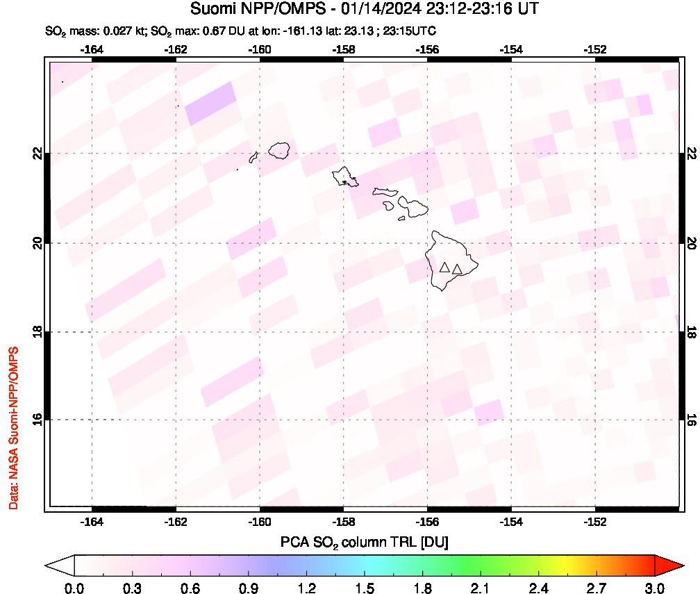 A sulfur dioxide image over Hawaii, USA on Jan 14, 2024.