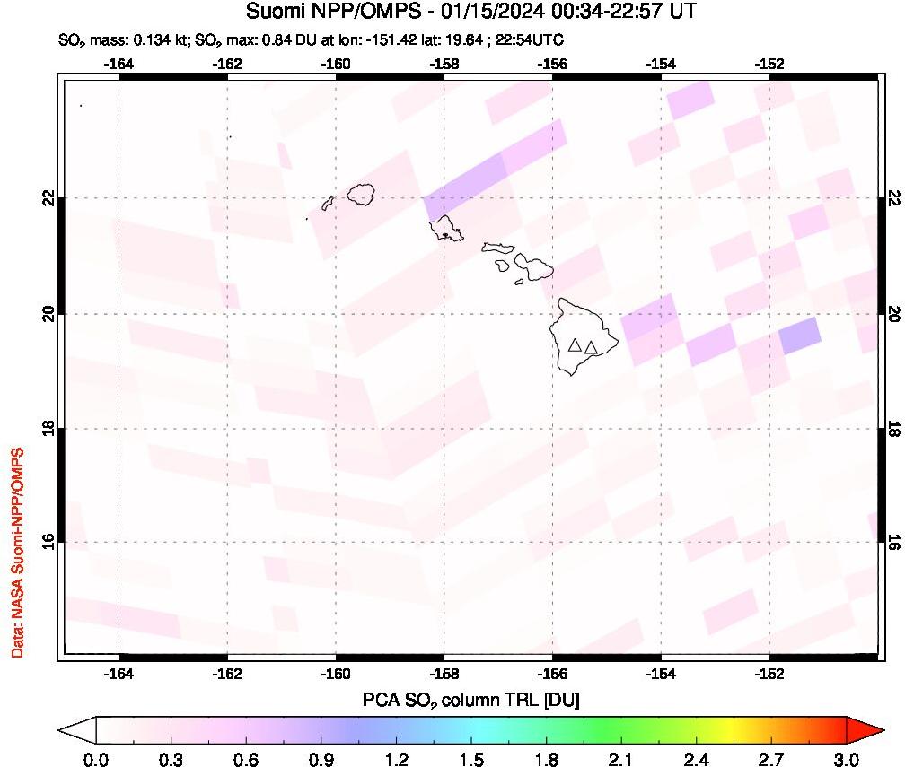 A sulfur dioxide image over Hawaii, USA on Jan 15, 2024.