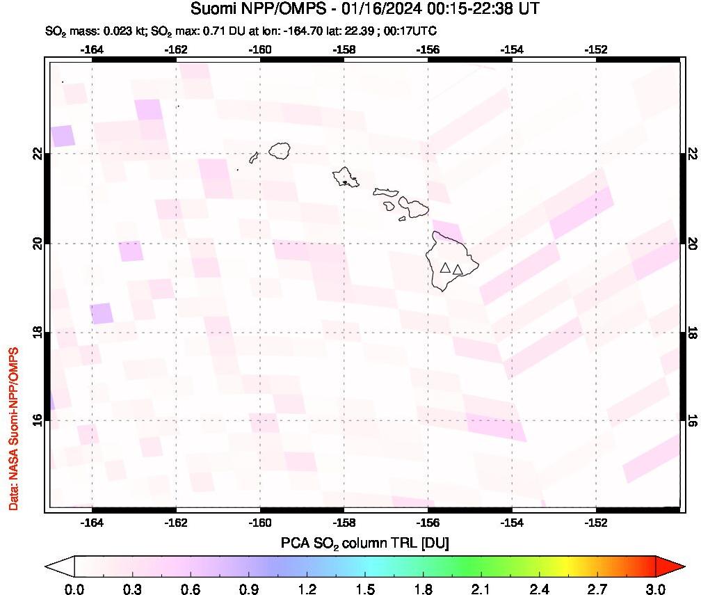 A sulfur dioxide image over Hawaii, USA on Jan 16, 2024.