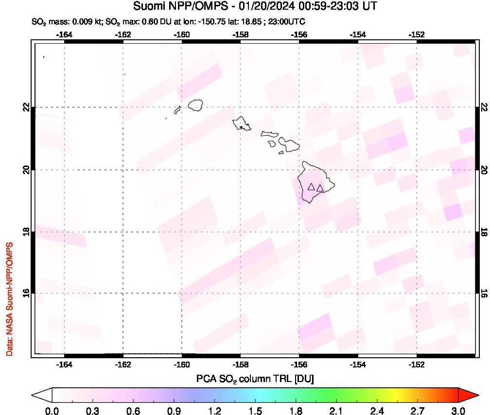 A sulfur dioxide image over Hawaii, USA on Jan 20, 2024.