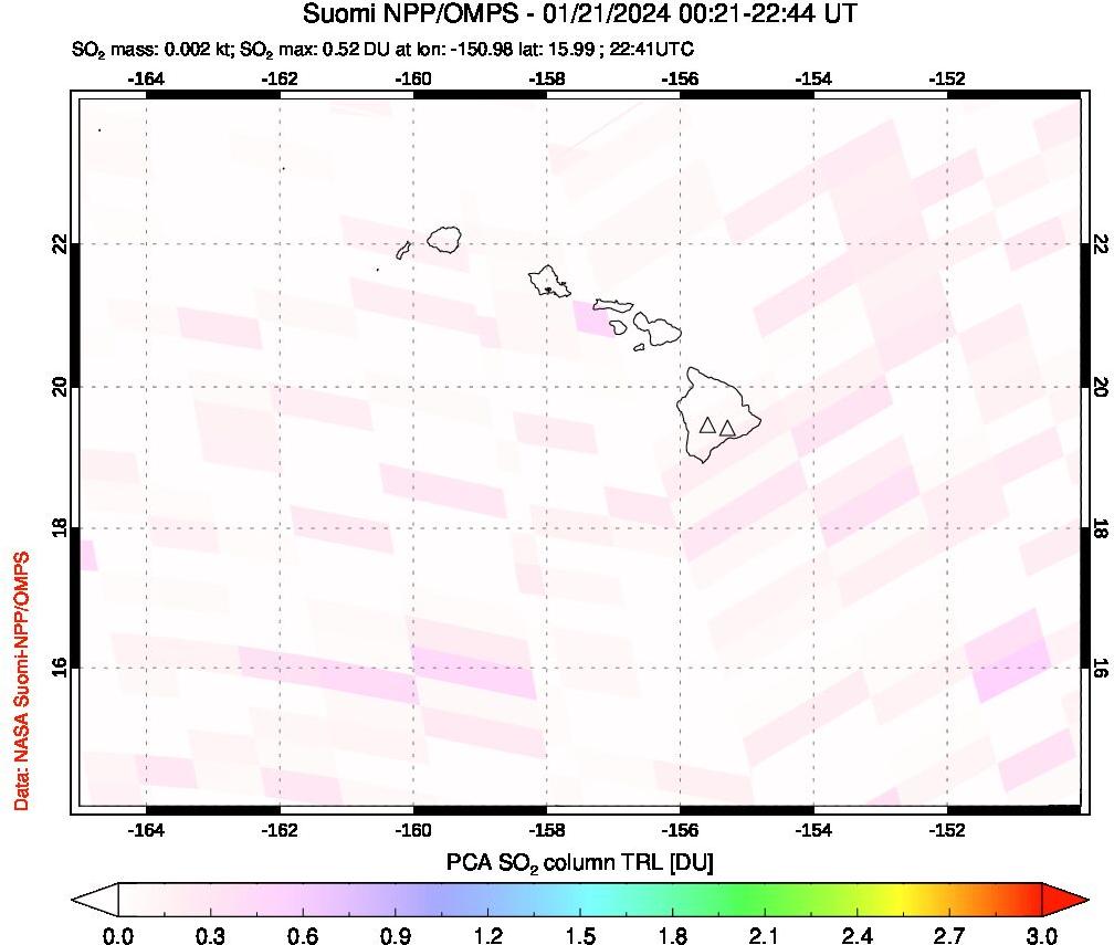 A sulfur dioxide image over Hawaii, USA on Jan 21, 2024.