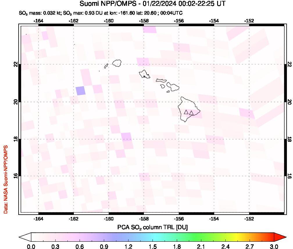 A sulfur dioxide image over Hawaii, USA on Jan 22, 2024.