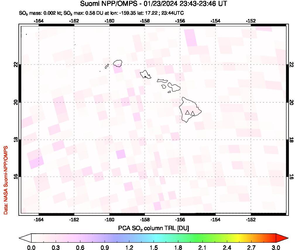 A sulfur dioxide image over Hawaii, USA on Jan 23, 2024.