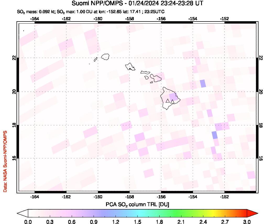 A sulfur dioxide image over Hawaii, USA on Jan 24, 2024.