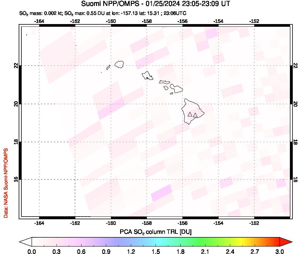 A sulfur dioxide image over Hawaii, USA on Jan 25, 2024.