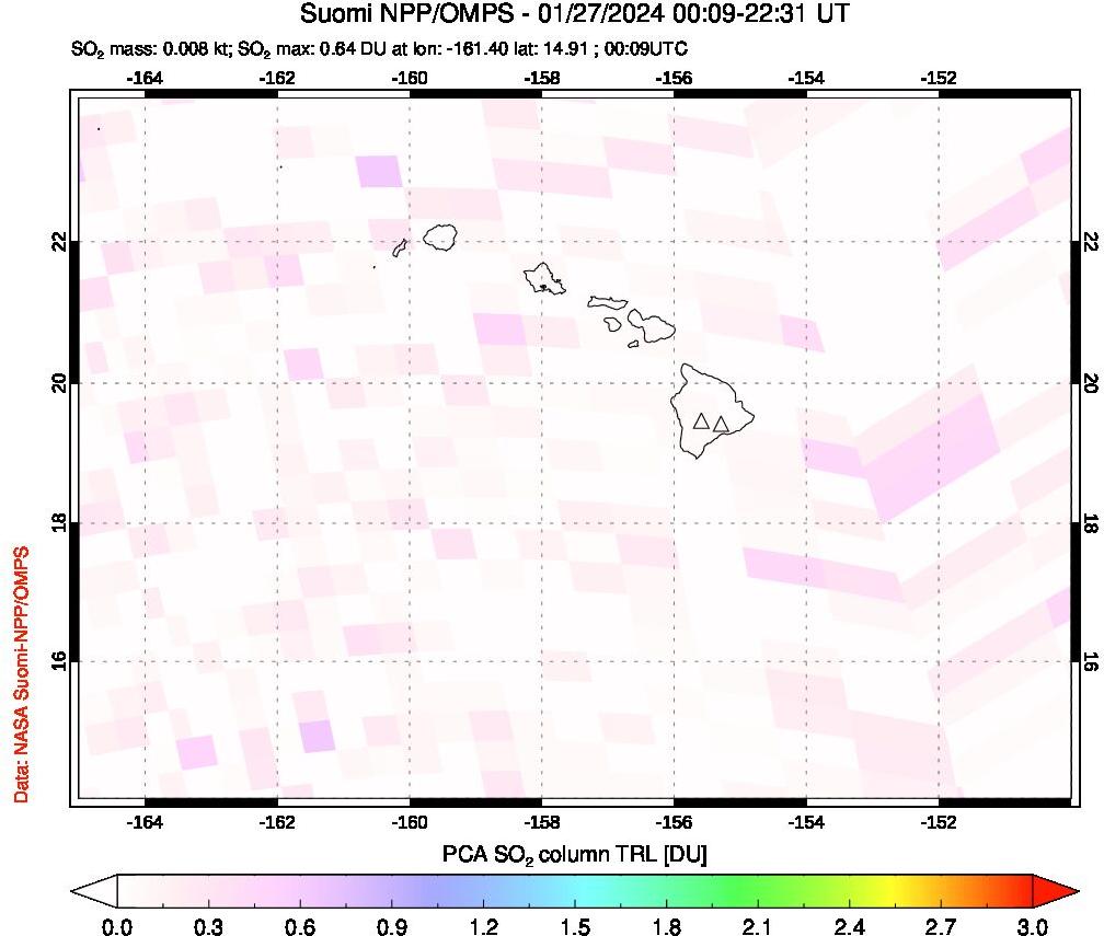 A sulfur dioxide image over Hawaii, USA on Jan 27, 2024.