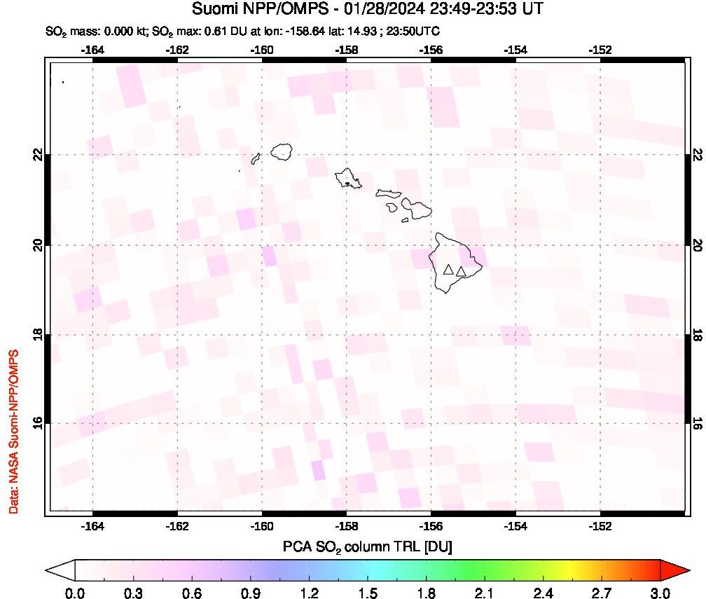 A sulfur dioxide image over Hawaii, USA on Jan 28, 2024.