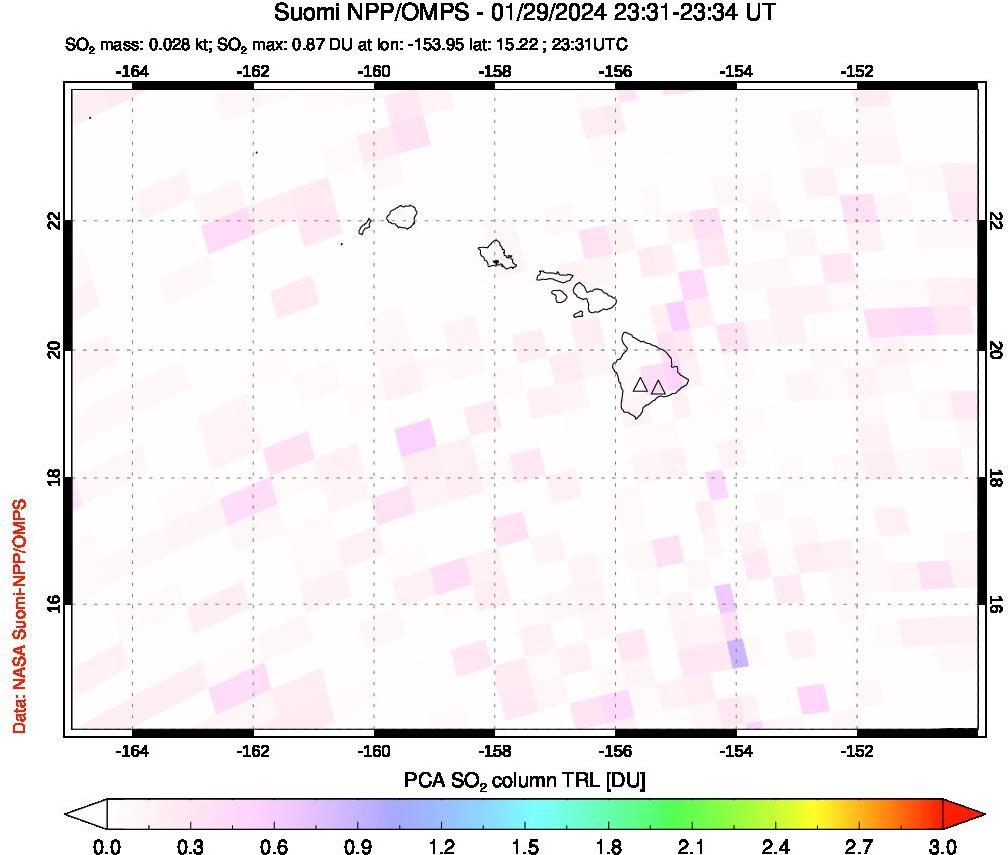 A sulfur dioxide image over Hawaii, USA on Jan 29, 2024.