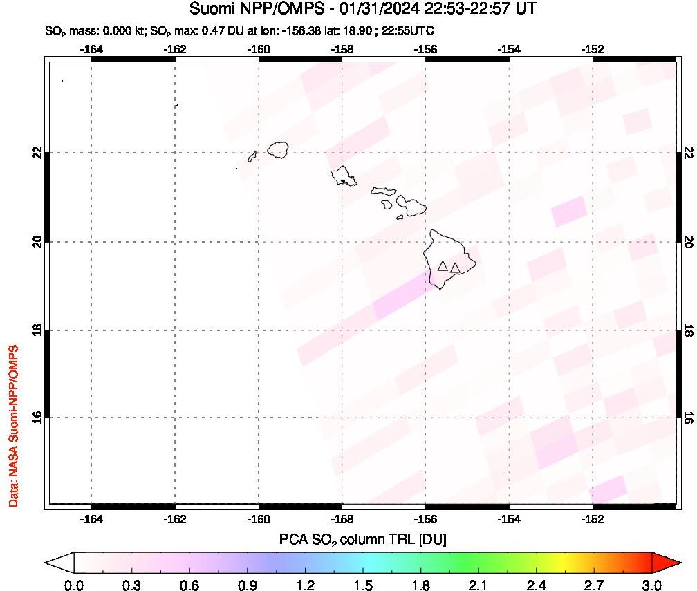 A sulfur dioxide image over Hawaii, USA on Jan 31, 2024.