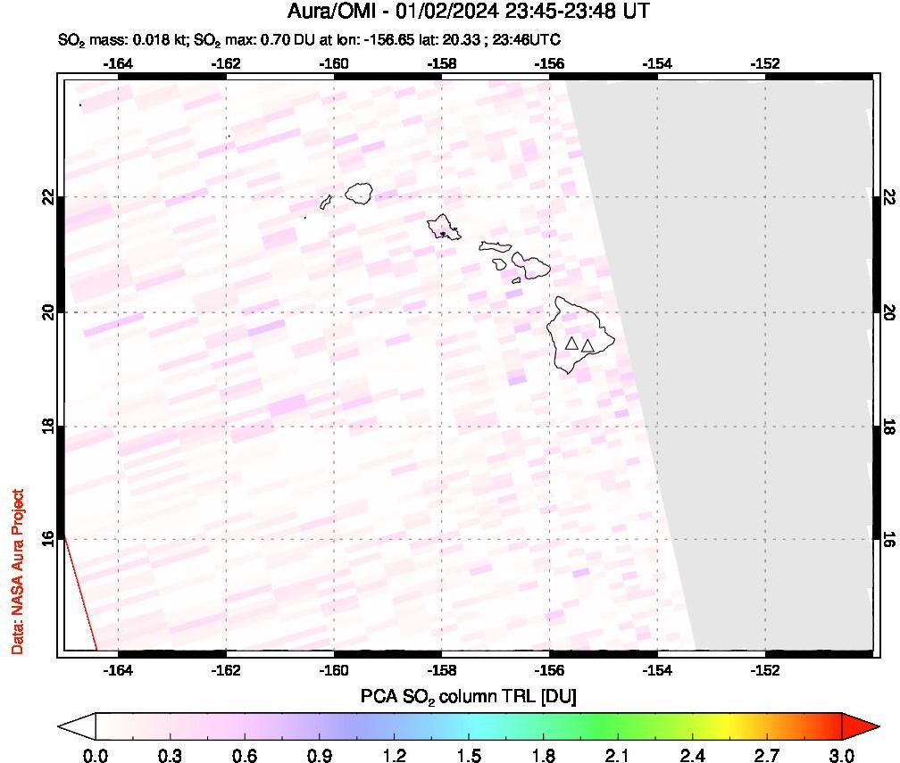 A sulfur dioxide image over Hawaii, USA on Jan 02, 2024.