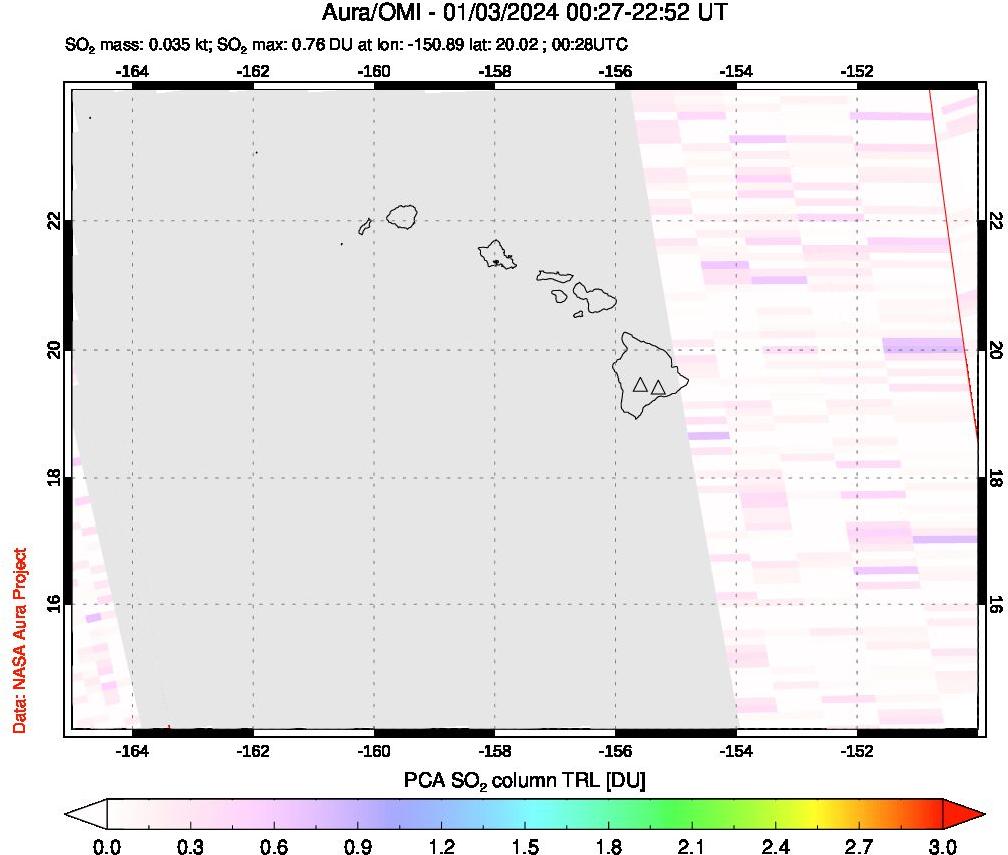 A sulfur dioxide image over Hawaii, USA on Jan 03, 2024.