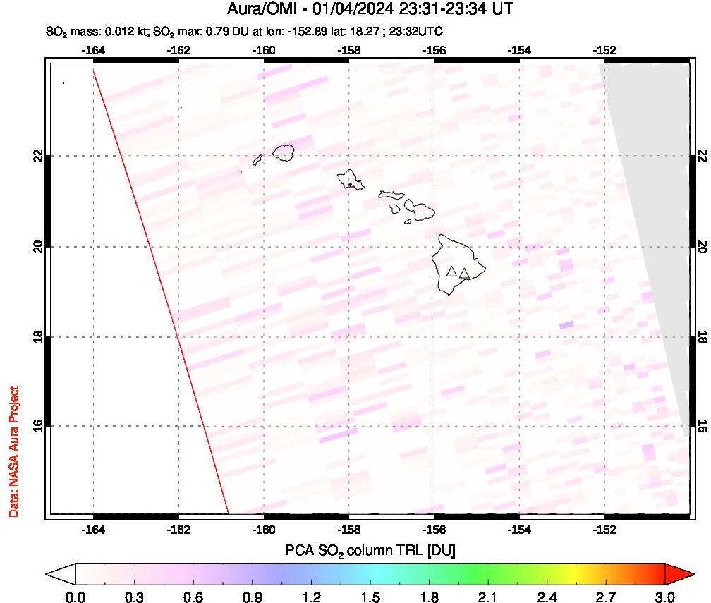 A sulfur dioxide image over Hawaii, USA on Jan 04, 2024.