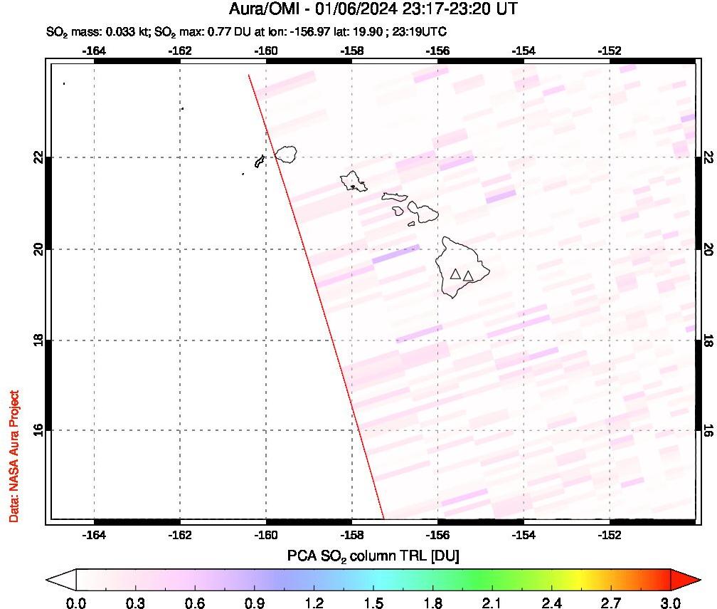 A sulfur dioxide image over Hawaii, USA on Jan 06, 2024.