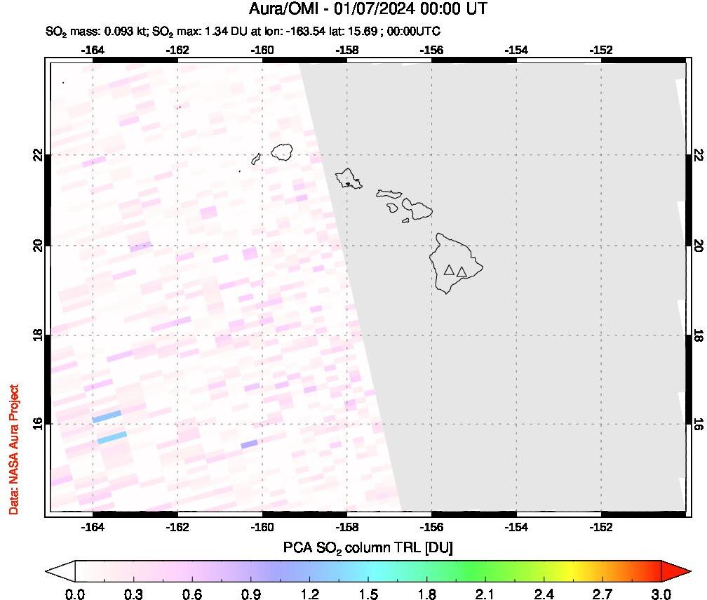 A sulfur dioxide image over Hawaii, USA on Jan 07, 2024.