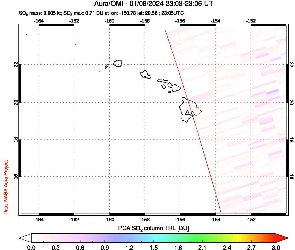 A sulfur dioxide image over Hawaii, USA on Jan 08, 2024.