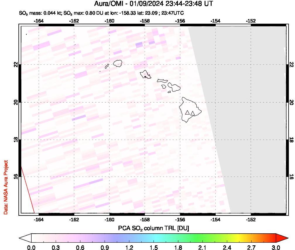 A sulfur dioxide image over Hawaii, USA on Jan 09, 2024.