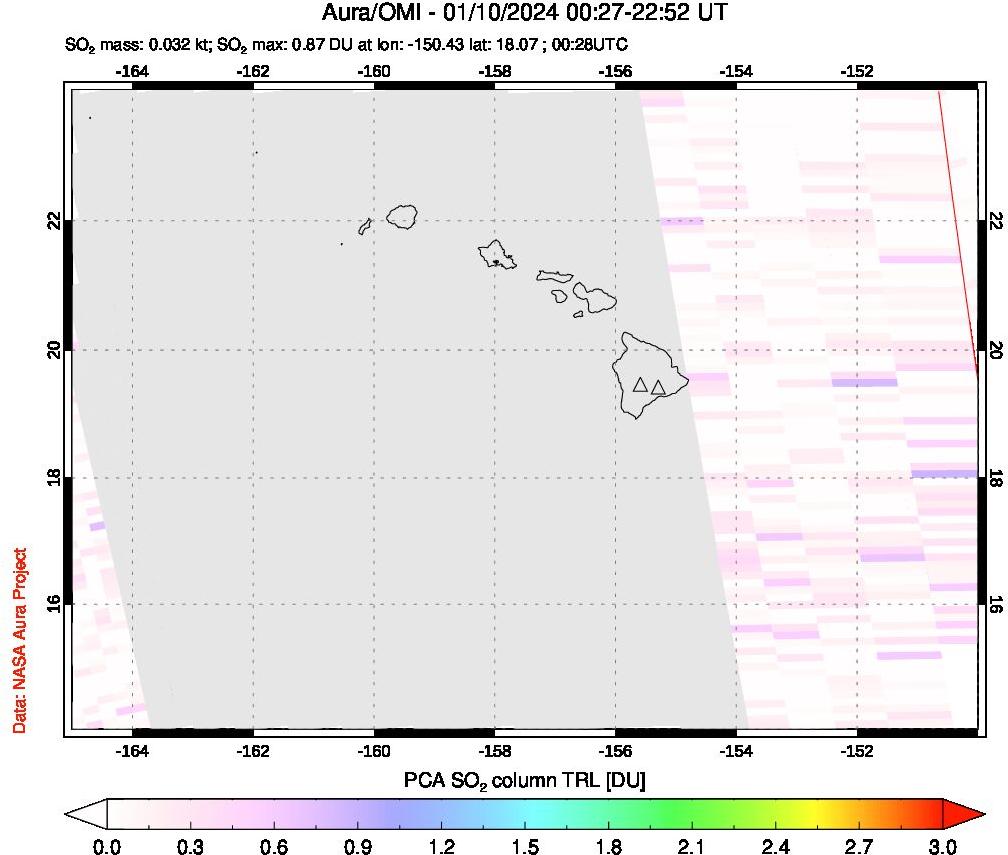 A sulfur dioxide image over Hawaii, USA on Jan 10, 2024.