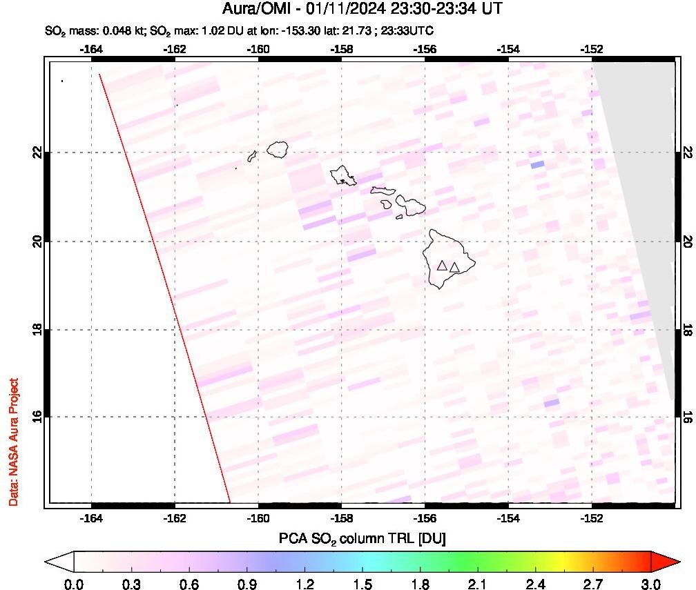 A sulfur dioxide image over Hawaii, USA on Jan 11, 2024.