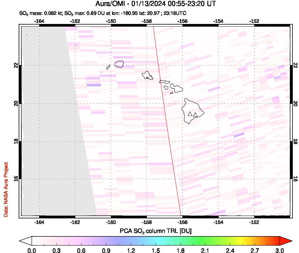 A sulfur dioxide image over Hawaii, USA on Jan 13, 2024.