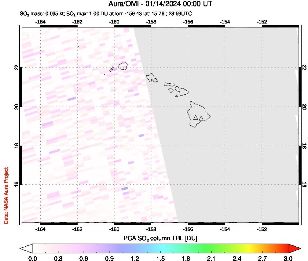 A sulfur dioxide image over Hawaii, USA on Jan 14, 2024.