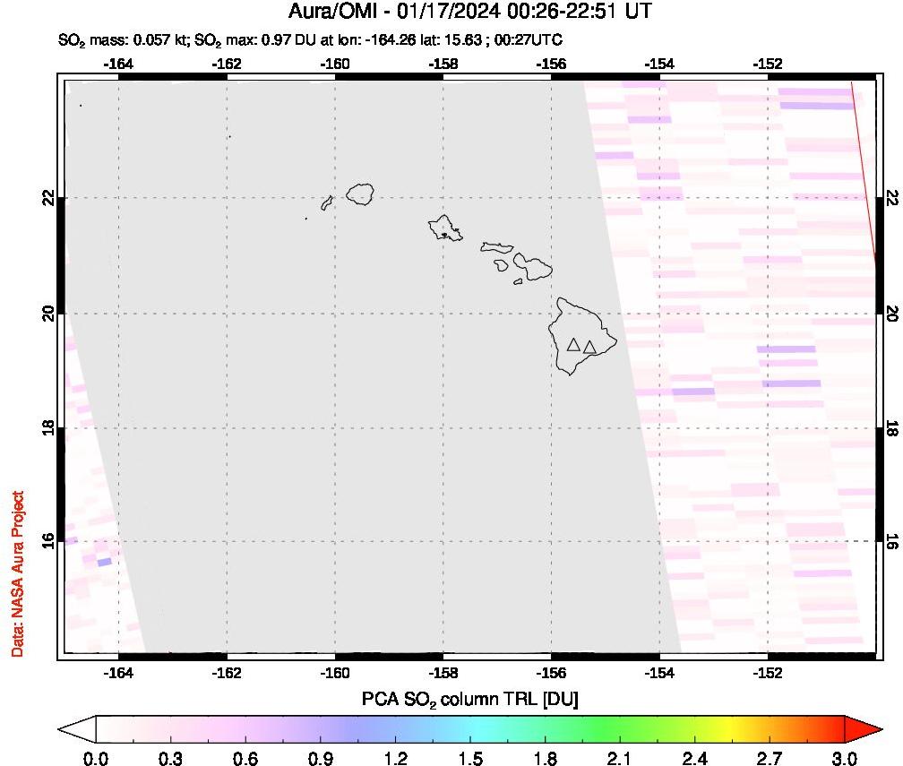 A sulfur dioxide image over Hawaii, USA on Jan 17, 2024.