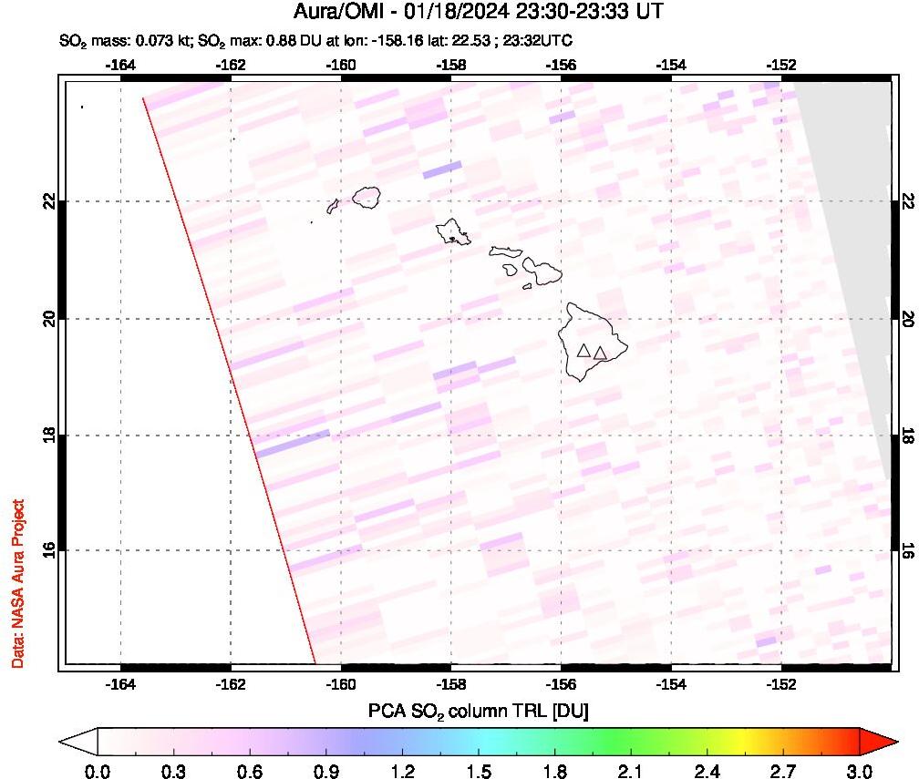 A sulfur dioxide image over Hawaii, USA on Jan 18, 2024.