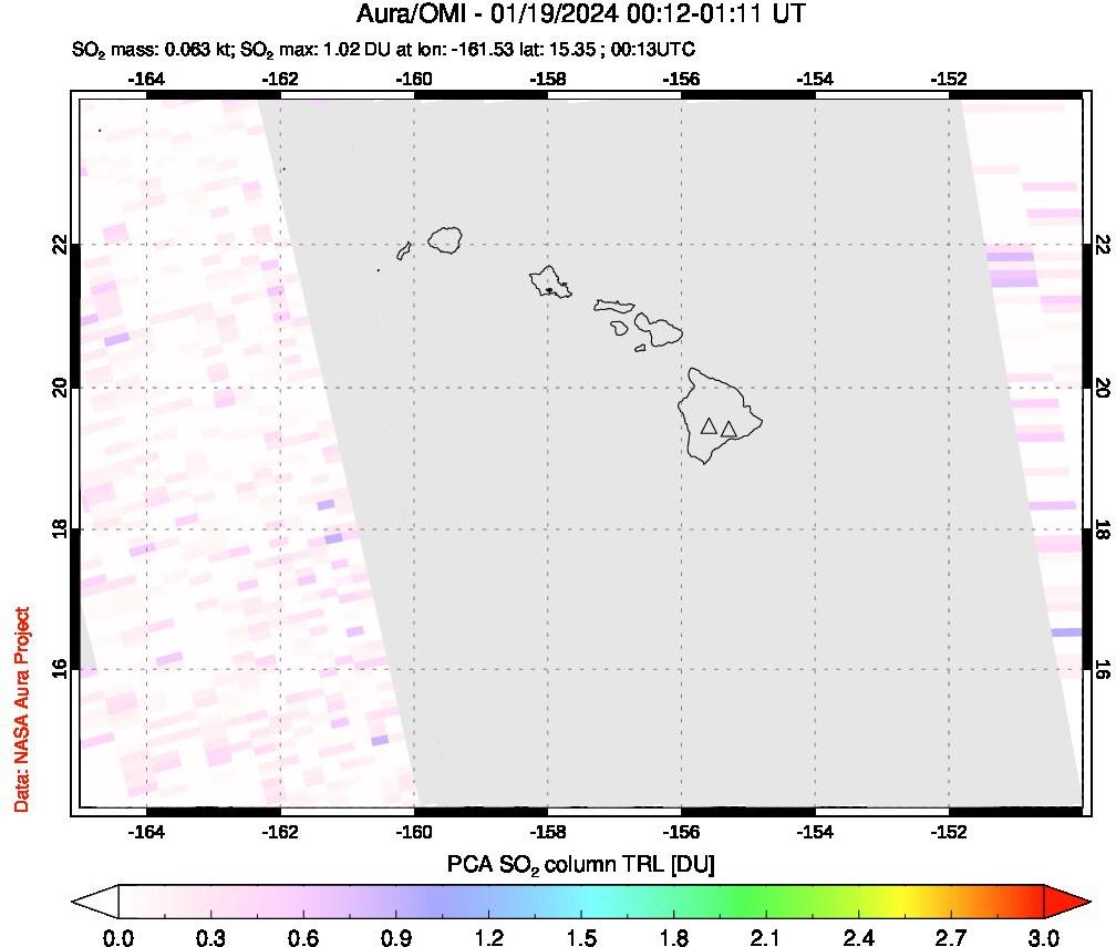 A sulfur dioxide image over Hawaii, USA on Jan 19, 2024.