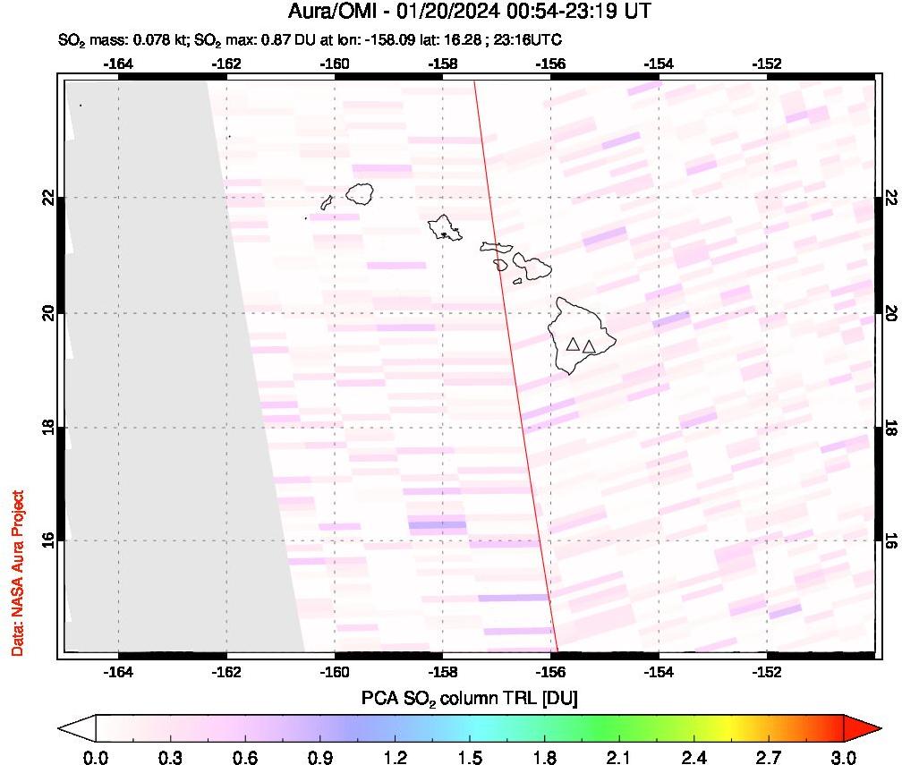 A sulfur dioxide image over Hawaii, USA on Jan 20, 2024.