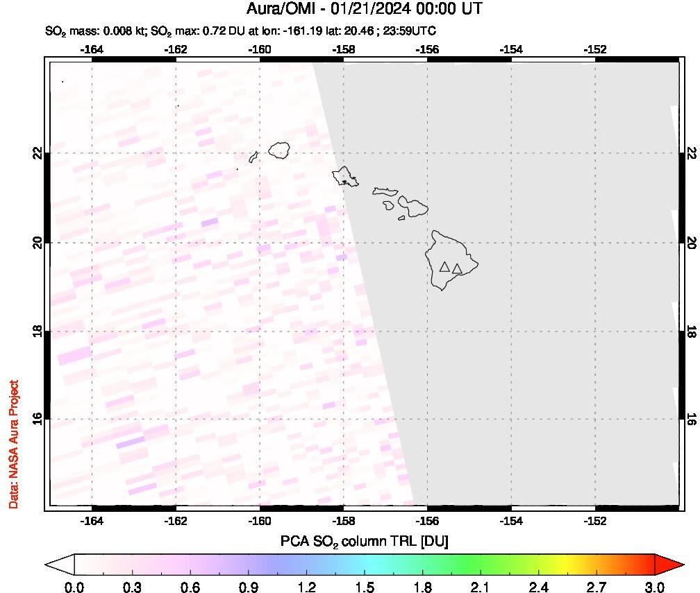 A sulfur dioxide image over Hawaii, USA on Jan 21, 2024.