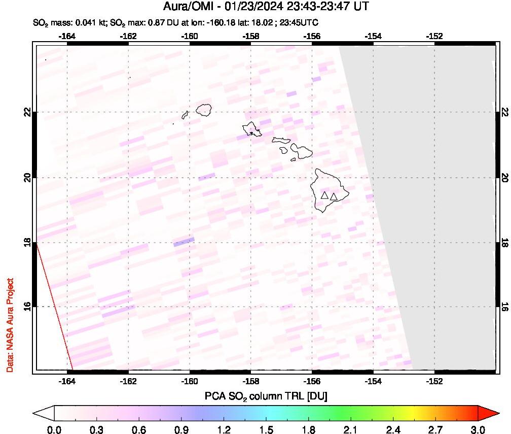 A sulfur dioxide image over Hawaii, USA on Jan 23, 2024.